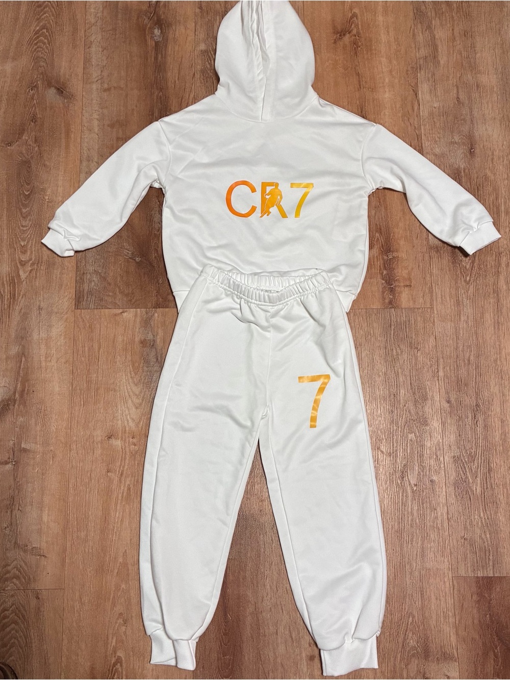 PatPat White Hoodie and Jogger Set with Gold CR7 Accents